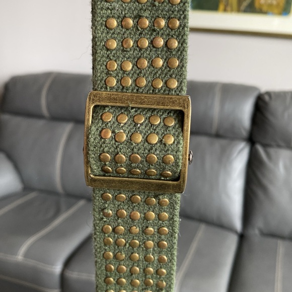 Vintage Boho Army Green Canvas Belt Brass Rivet Detail/Buckle Auto-Lock L/XL - Picture 1 of 9